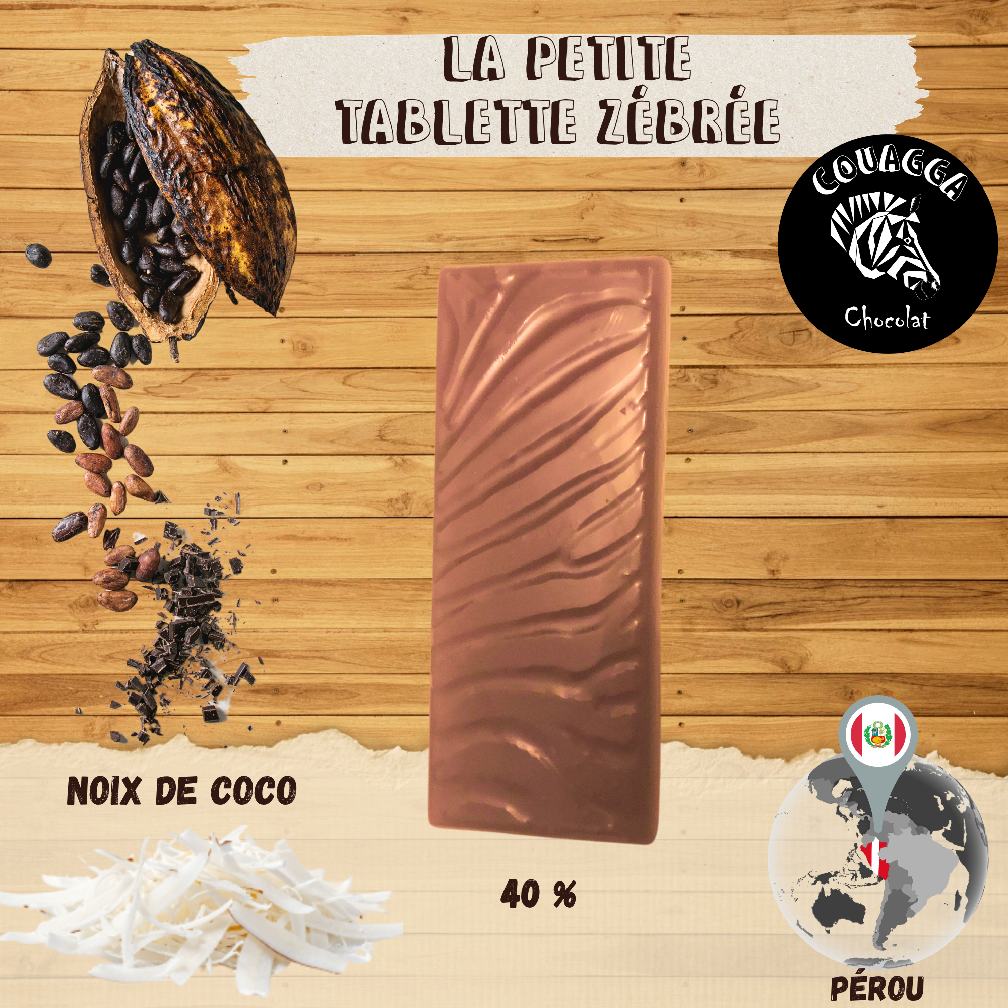 Tablette Couagga – Lait 40% Pérou – Coco — Couagga Chocolat