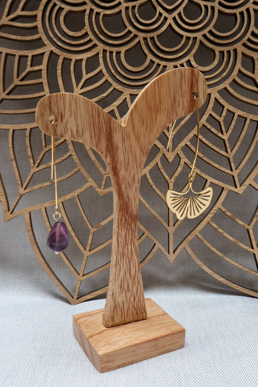Boucles d’oreille Ginkgo – Pierre naturelle au choix — Sacrés Noeuds